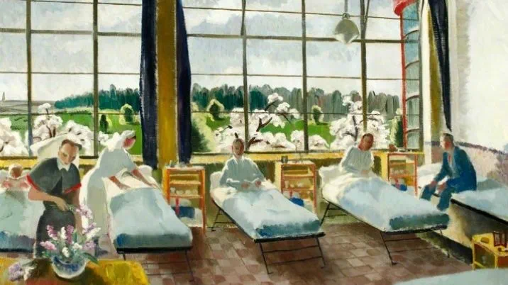 An oil painting showing beds and British Red Cross nurses in the British General Hospital, Belgium, by artist, Doris Zinkeisen.