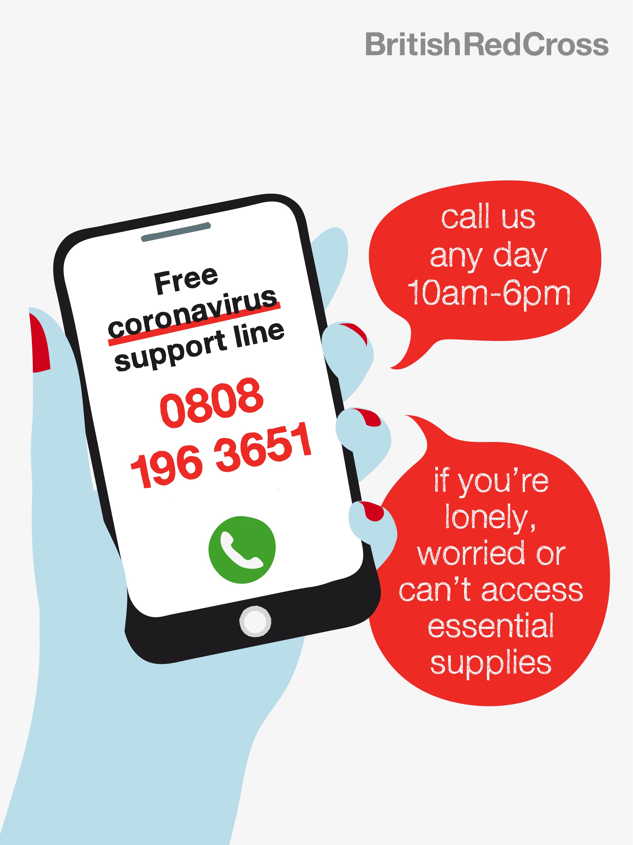 Coronavirus support line illustration showing mobile phone with the contact information