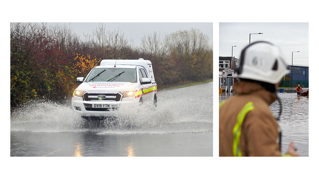 Collage of BRC's emergency response in UK floods. An ambulance drives through flooded waters in one photo. In the other, an emergency response team transport a man on a boat.