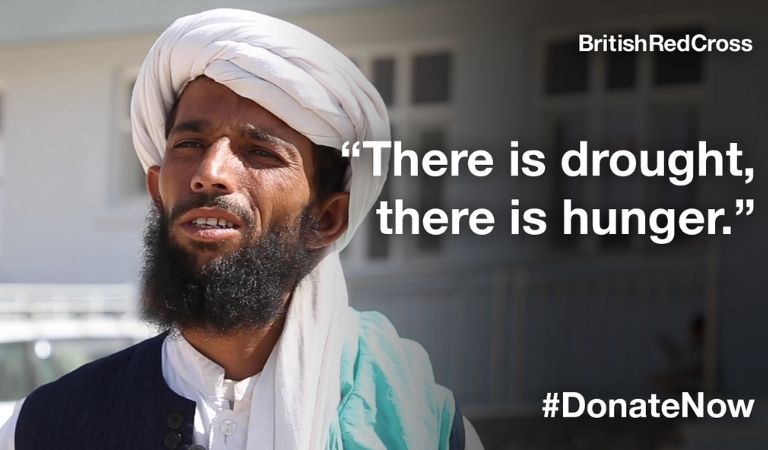 Photo of a man in Afghanistan along with some text that says "There is hunger, there is drought" and 'Donate now'.