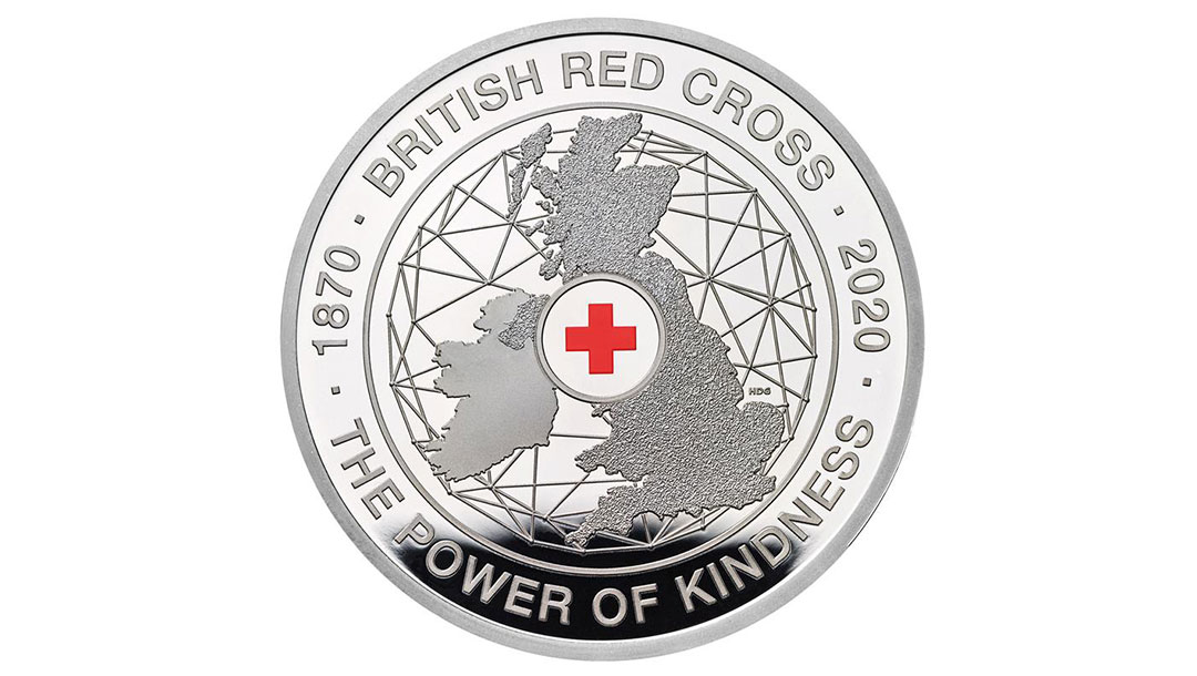 The Royal Mint 150th anniversary coin designed to honour 150 years of kindness through the British Red Cross. 
