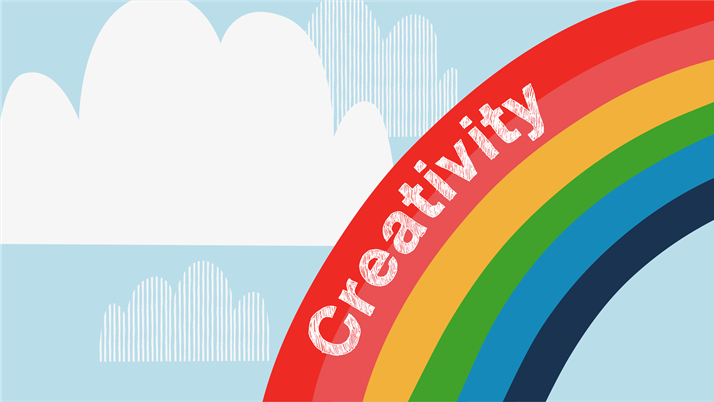 Illustration of clouds and a rainbow with the word 'Creativity'. 