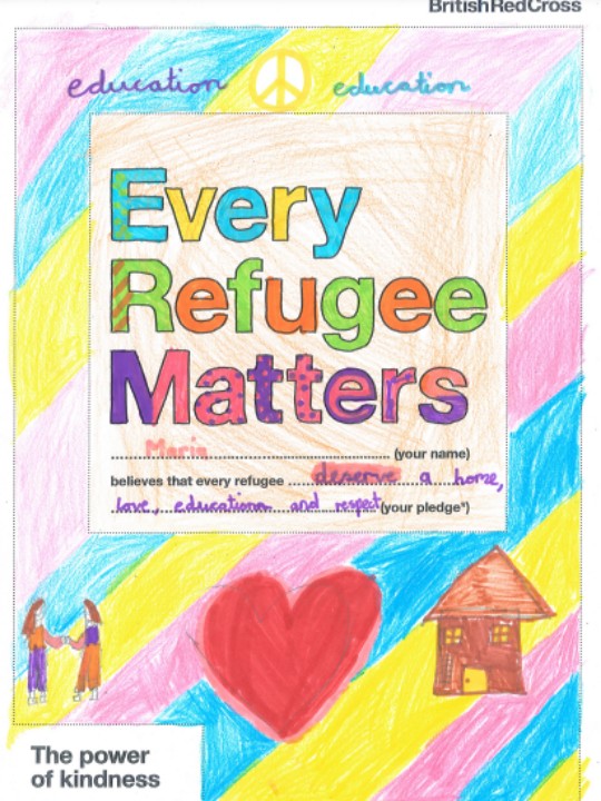 An Every Refugee Matters poster created by a Year 5 student at Burdett-Coutts Primary School 