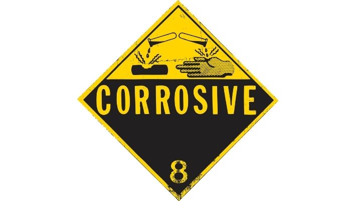 A yellow and black acid burn warning sign, showing illustrations of corrosive liquid and a damaged hand, with the world 'corrosive' in big letters.