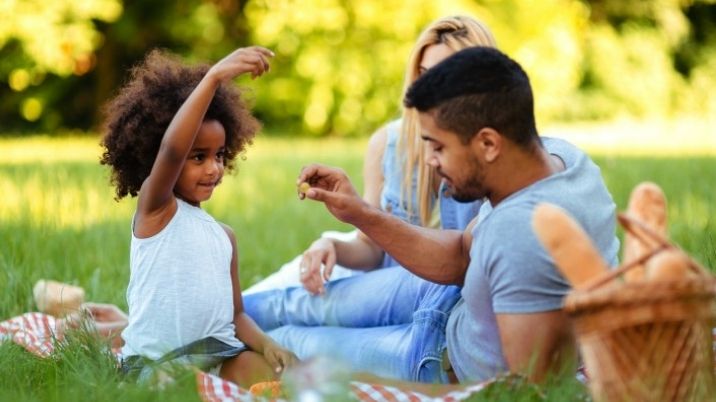 A family enjoy a picnic on a sunny day in some long grass.