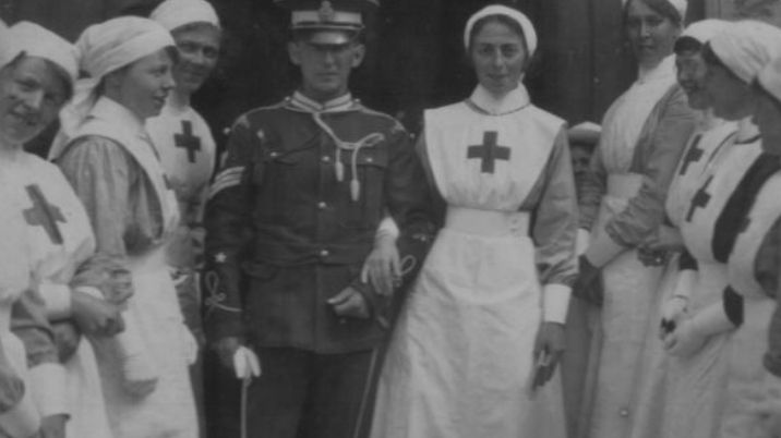 Close up from showing a British Red Cross volunteer getting married to a soldier during the First World War