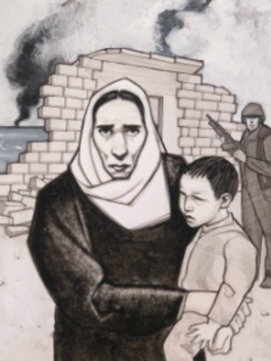 Artwork illustrating the Fourth Geneva Convention relative to the protection for civilians in wartime