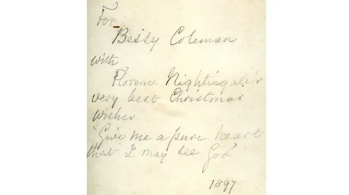 A handwritten message from the inside of a handmade Christmas card from Florence Nightingale, from the British Red Cross archives.
