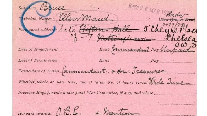 A volunteer record card Lady Ellen Maud Bruce, Pavilion Hospital president
