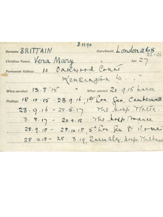 Vera Brittain’s Red Cross record card