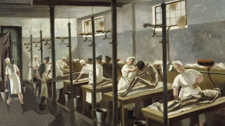 An oil painting showing emaciated inmates being bathed at Belsen in 1945 by artist Doris Zinkeisen.