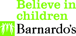 Barnardo's logo with text saying 'Believe in children'.