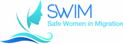 Logo for the SWIM - Safe women in migration - project, which shows a drawing of the outline of a woman's face and includes the name of the project.
