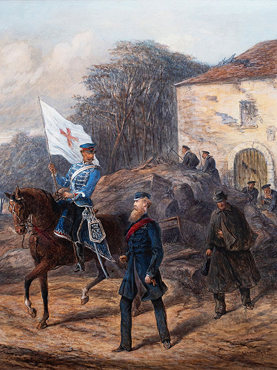 Painting showing Robert Loyd-Lindsay and his assistant delivering financial aid during the Franco-Prussian War in 1870.
