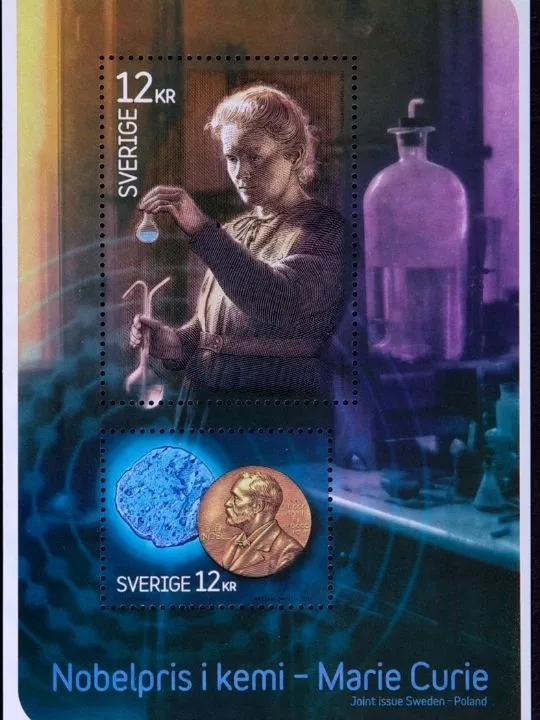 A depiction of Marie Curie in her laboratory on a commemorative stamp issued in Poland.