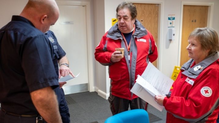 British Red Cross volunteers Barrie and Arleen co-ordinate with local services during Storm Arwen.