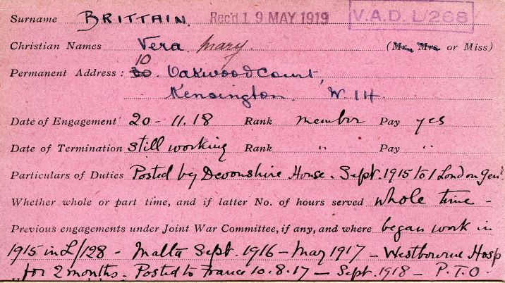 Vera Brittain's VAD record card