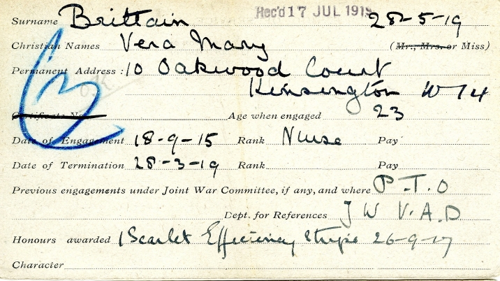 Vera Brittain's service record card