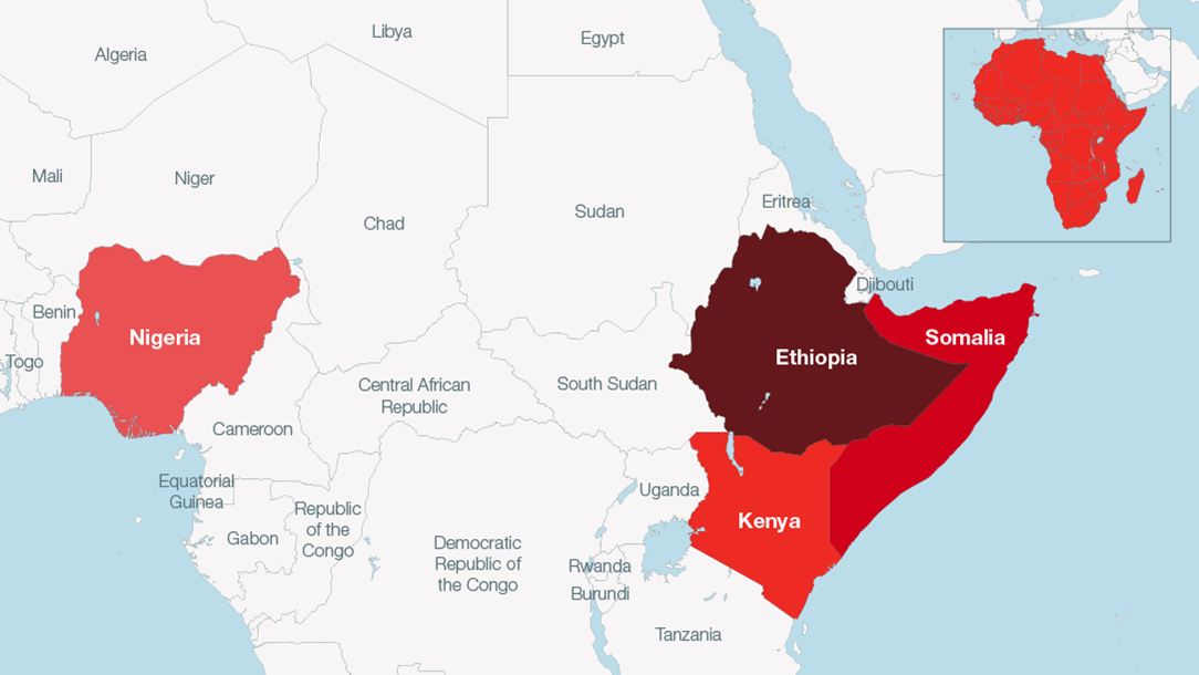 A map of Africa showing Nigeria in the west, and Ethiopia, Kenya and Somalia in the east.