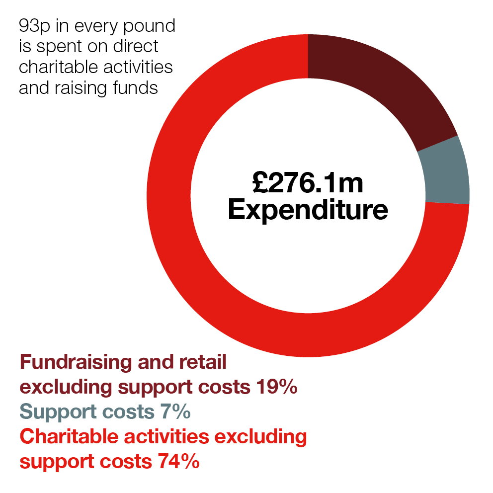 Graph showing breakdown of British Red Cross total expenditure: fundraising and retail 19%, support costs 7% and charitable activities 74%.