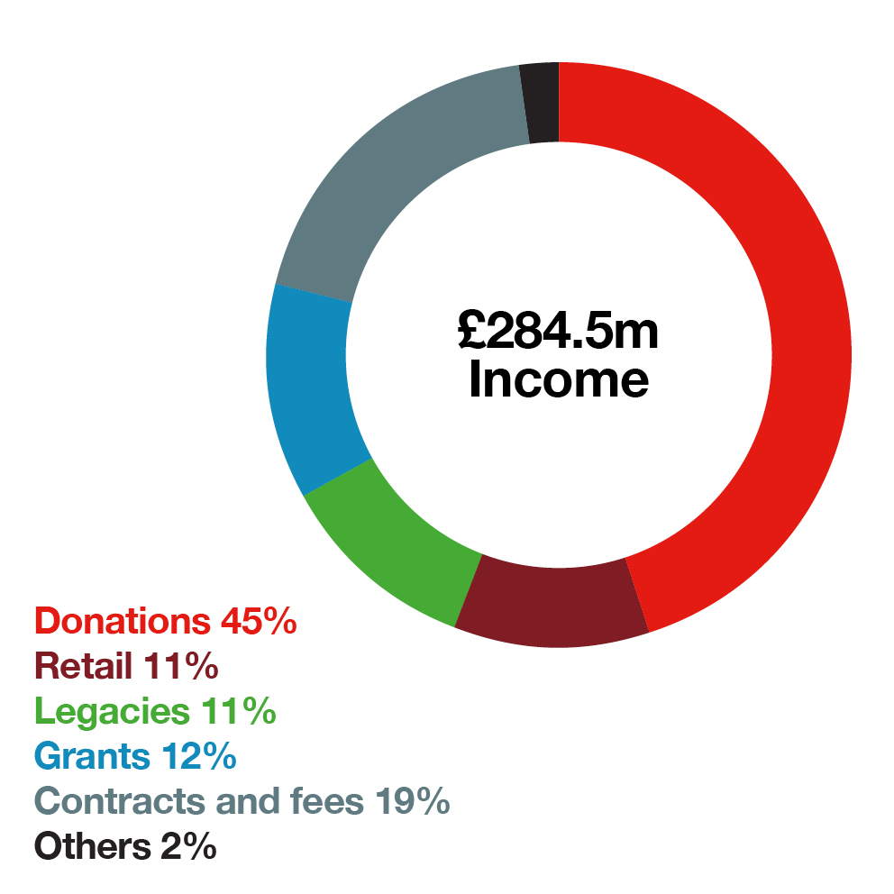 Graph showing British Red Cross income breakdown coming from donations 45%, retail 11%, legacies 11%, grants 12%, contracts and fees 19% and other 2%.