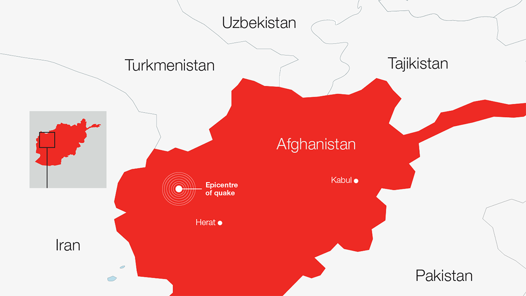 Map of Afghanistan showing epicentre of earthquake north of Herat.