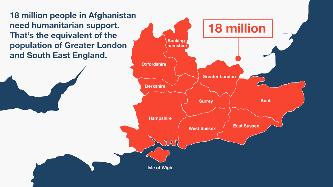 A map of the south-east of England, with the caption '18 million people in Afghanistan need humanitarian support. That's the equivalent of the population of Greater London and South-East England'
