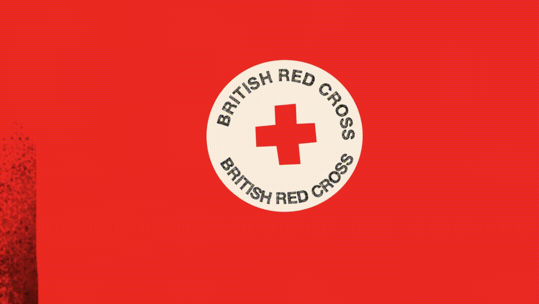 An illustrated gif zooms out of a British Red Cross badge, revealing four people talking together
