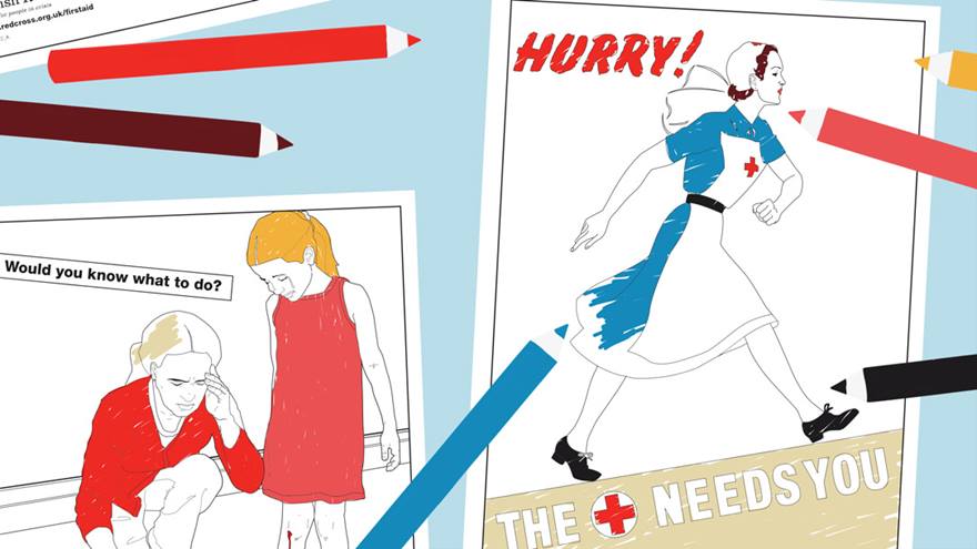 Graphic of two historic Red Cross posters half coloured in 