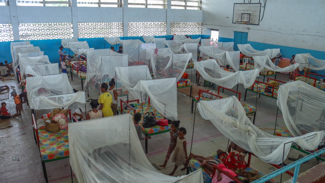 Temporary accommodation including beds covered with mosquito nets are lined up inside a sport hall