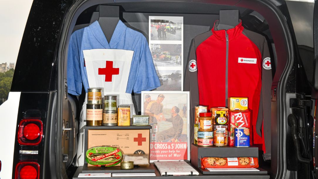 The boot of a specially commissioned Defender car displaying Red Cross artefacts in the boot.