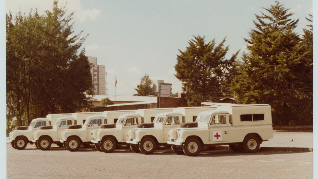 Defenders vehicles, which were used in humanitarian relief efforts in Ethiopia in the 80s.