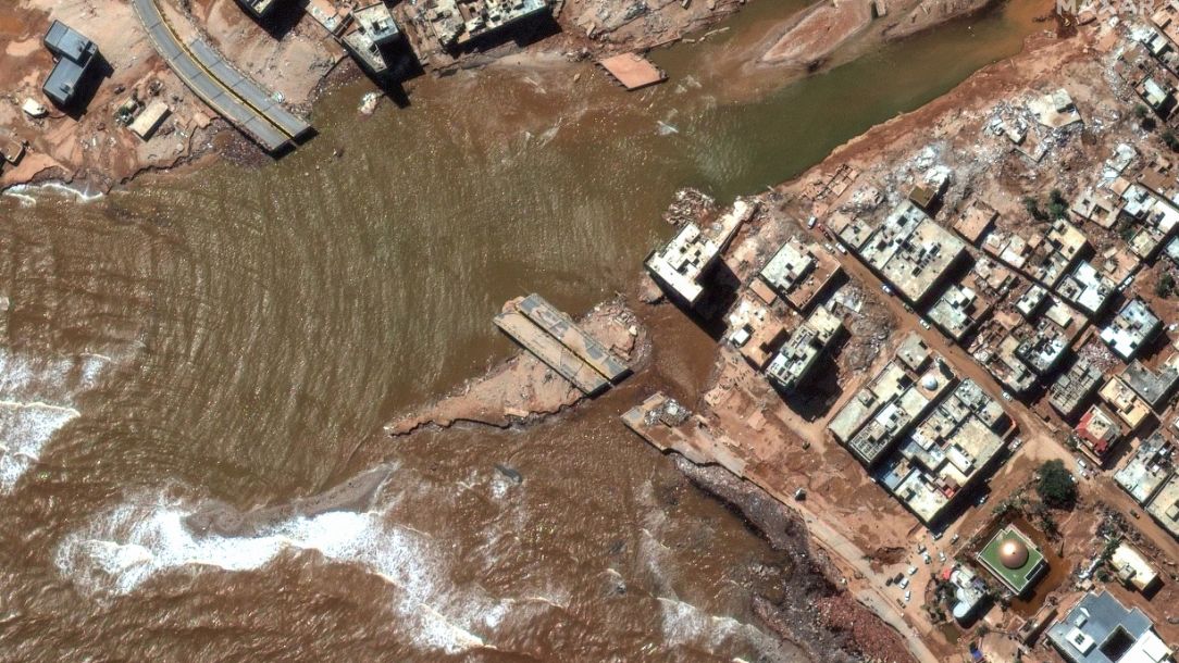 A coast road in Derna after the devastating 2023 floods.