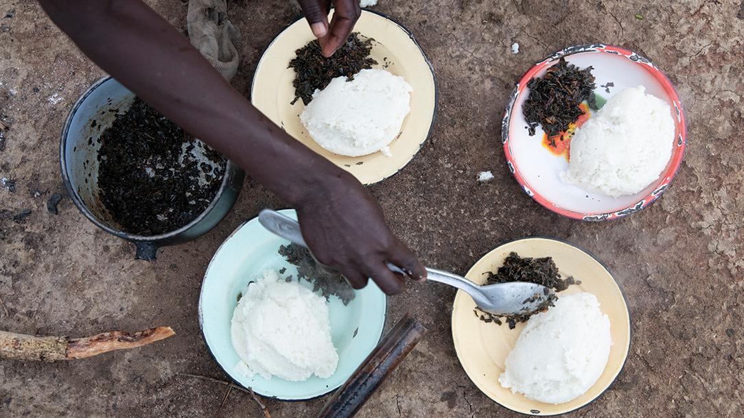 Tarisai plating a family meal consisting of rice and some protein.