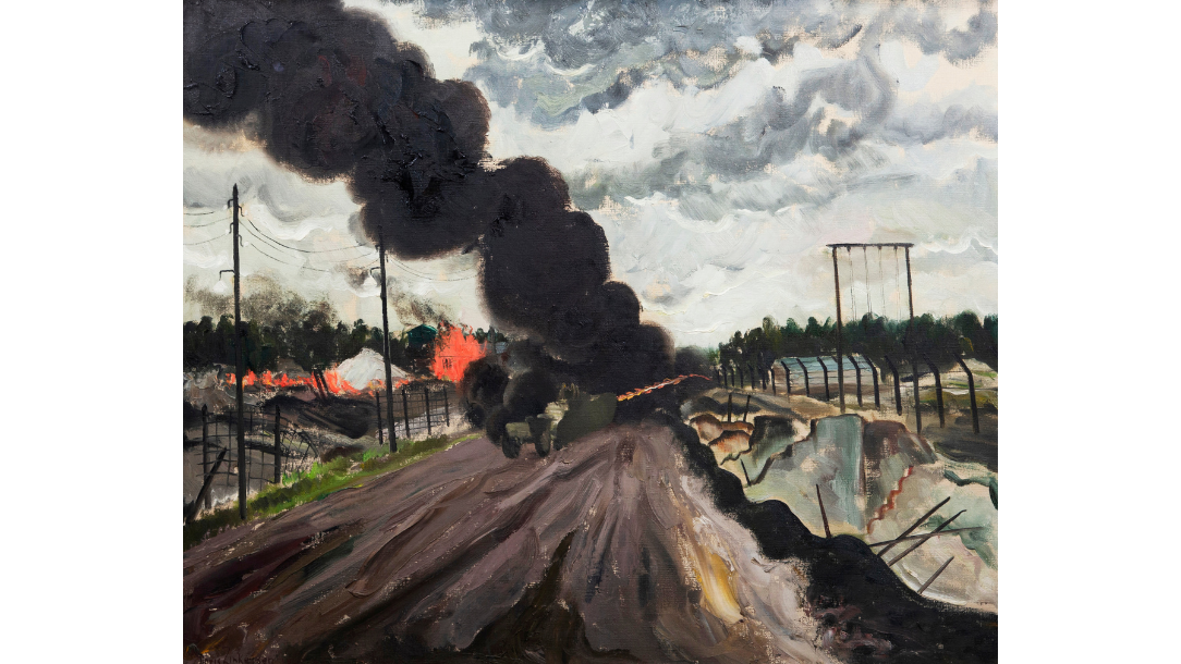 The burning of Bergen-Belsen. Oil on canvas by Doris Clare Zinkeisen, 1945.