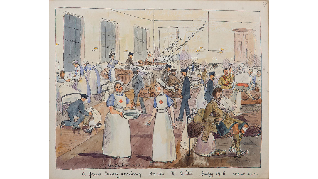Watercolour painting from the sketchbook of Edith Maud Drummond Hay, 1914-1918
