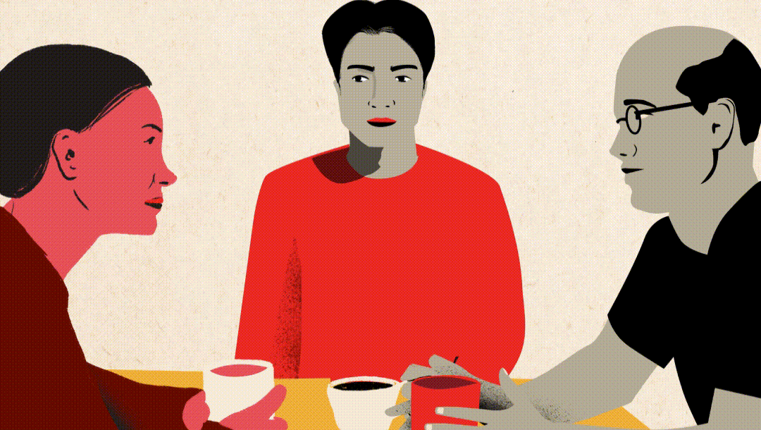 An illustrated gif of a woman sitting with two men, talking over a cup of tea