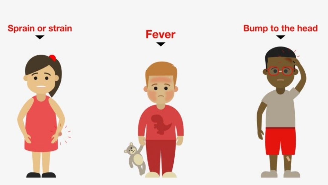 An illustration from a British Red Cross blog showing a child with a sprain, another with a fever and another with a bump on the head.