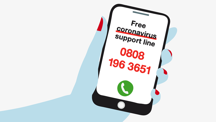 Illustration of a hand holding a mobile phone displaying the coronavirus support line number (0808 196 3651) on the screen.