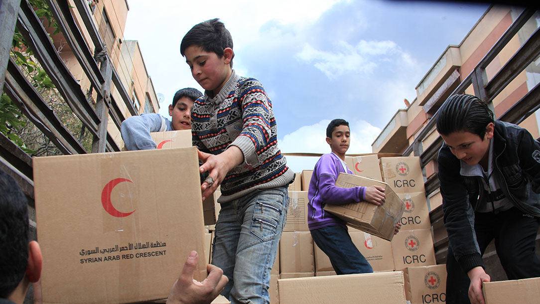 Humanitarian aid distribution in Homs, Syria.
