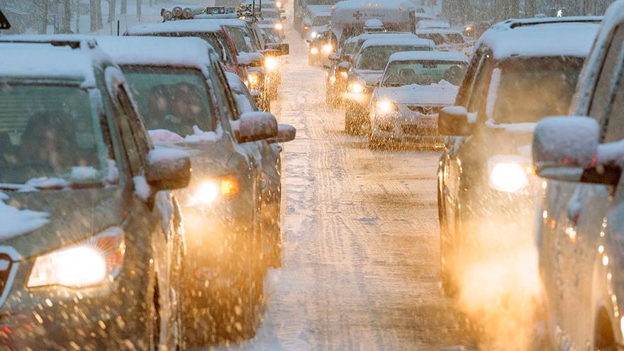 A traffic jam in the snow. 