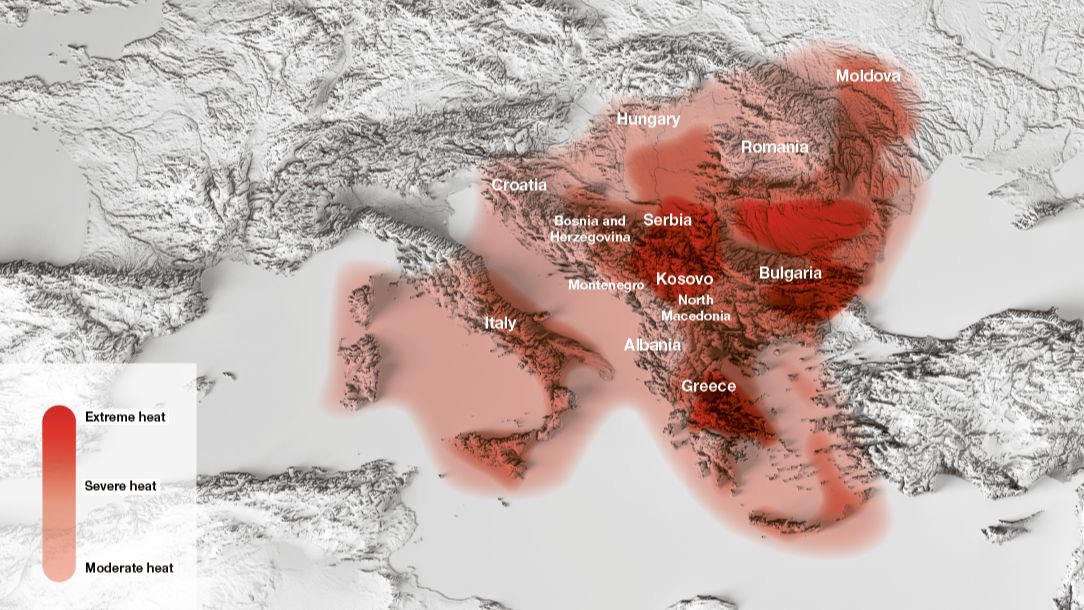 A shaded map showing extreme heat across Europe during the 2023 heatwaves.
