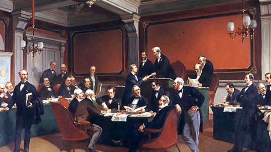 A painting showing the signing of the Geneva convention in 1984 by Armand Dumaresq
