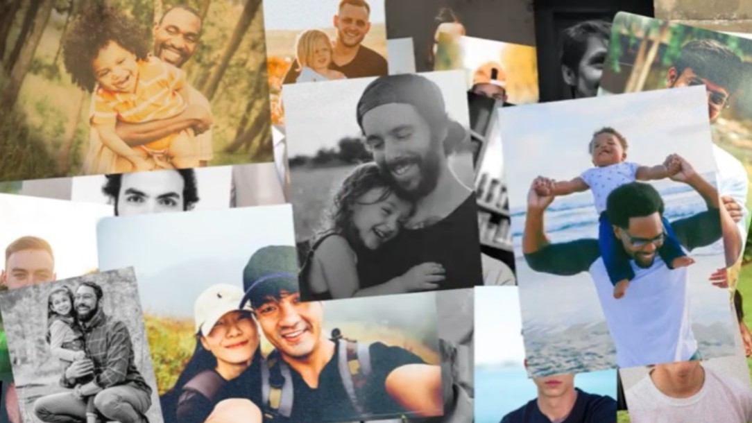 A still from a video, which shows a collage of photographs of people