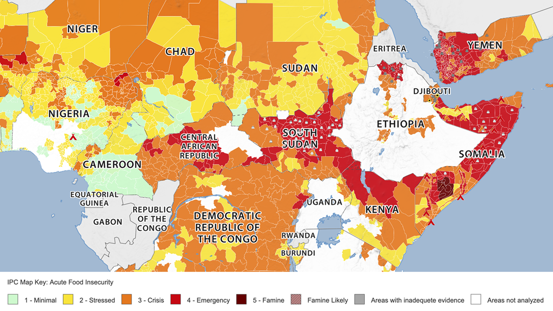 A map of Africa, with Niger, Chad and Sudan in the top and and Democratic Republic of the Congo to the bottom. Different colours including yellow, orange and red denote the different levels of food insecurity in the region