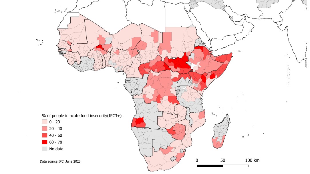 A map of the Africa, which highlights in red the countries experiencing food insecurity 