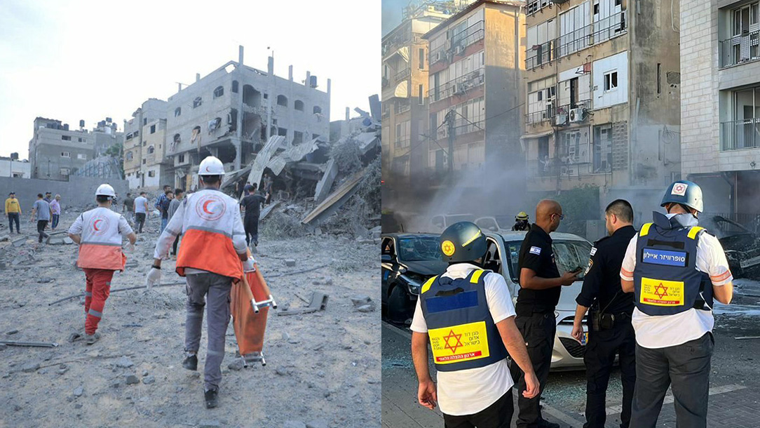 Split to show both Palestinian Red Crescent responding in Gaza and Magen David Adom responding in Israel.