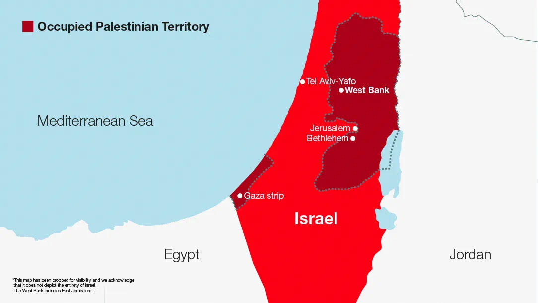 Map showing Israel and the Occupied Palestinian Territory, Gaza and the West Bank, Egypt and Jordan