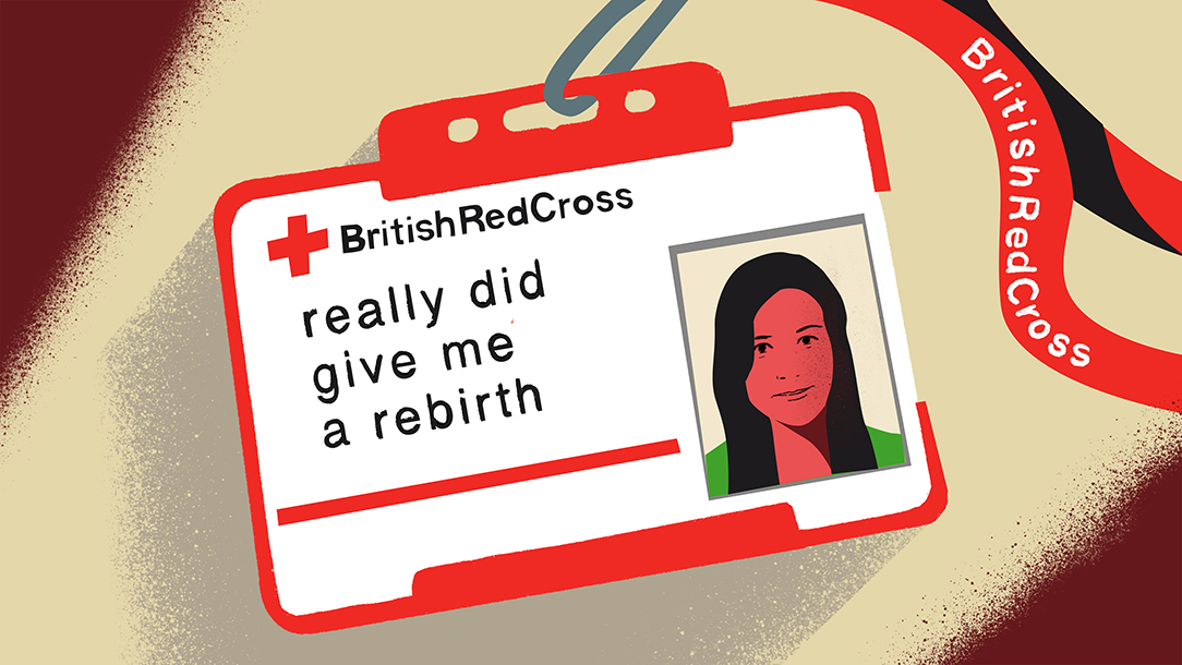 An illustration of an identity card on a red lanyard with British Red Cross branding, bearing the words "British Red Cross really did give me a rebirth"