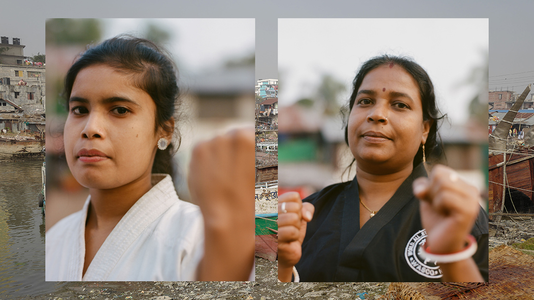 Two women photographed in their karate uniform.